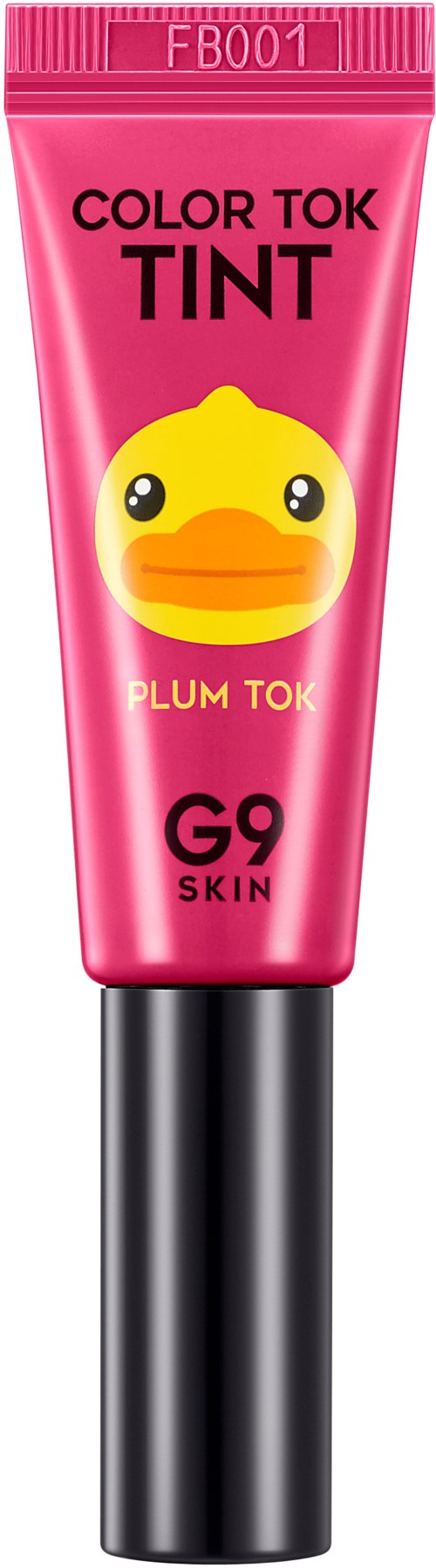 Rosa tub med en gul anka och svarta ögon, märkt 'Color Tok Tint' och 'Plum Tok' för G9 Skin.