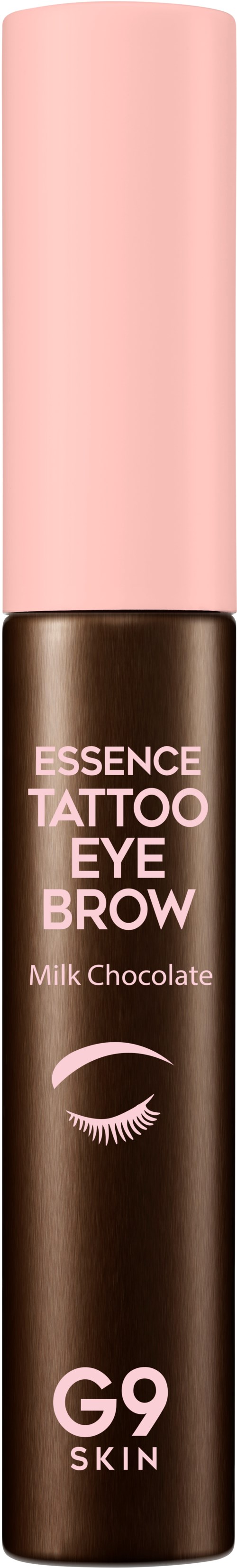 En kosmetisk tub märkt 'Essence Tattoo Eye Brow Milk Chocolate' med rosa lock och brunt kropp.