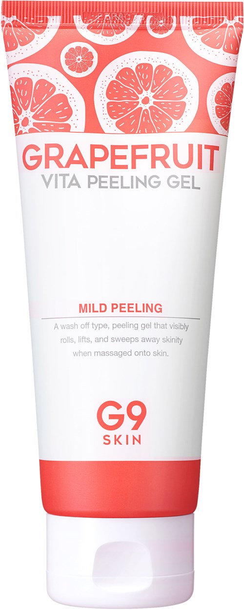 Grapefrukt Vita Peeling Gel för mild hudavlägsning och fräschhet, med illustrationer av grapefruktbitar högst upp.