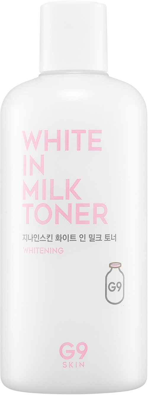 En vit flaska med hudtoner med rosa text för blekning, etikett med G9-logga och koreanska skrivningar.
