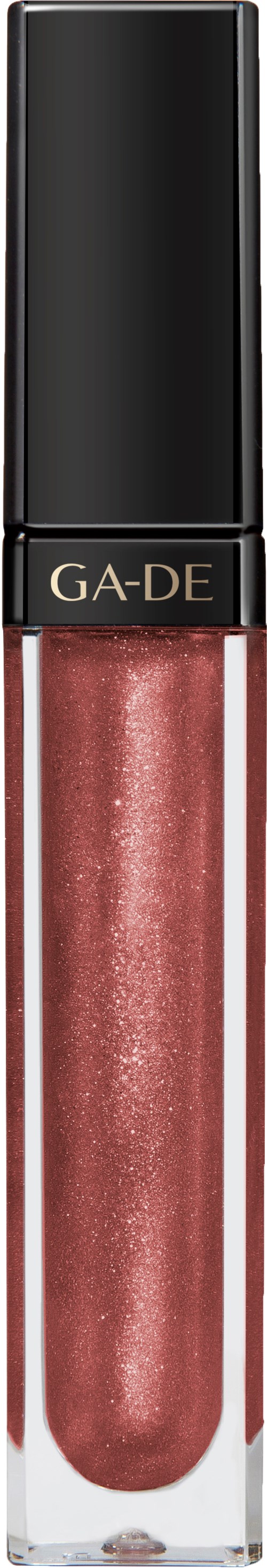En läppglansflaska med svart lock, märket GA-DE och glittrande rosa färg inuti.