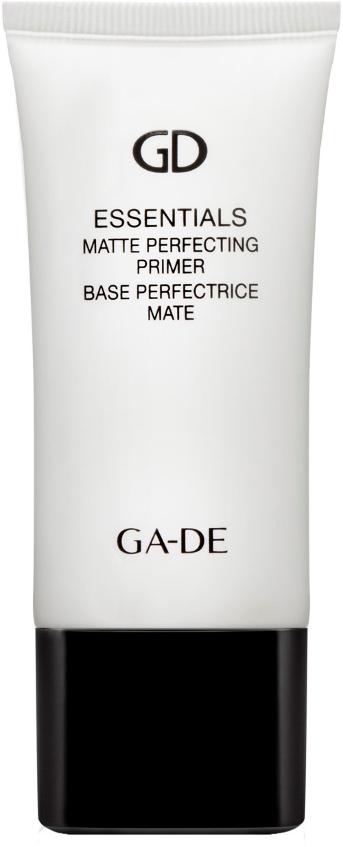 En vit tub med svart lock, märkt GD Essentials Matte Perfecting Primer av GA-DE.
