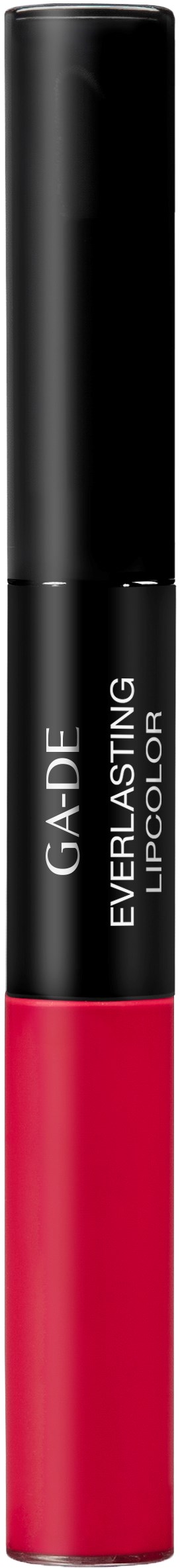 En läppglansrör med svart top och röd botten, märkt "GA-DE Everlasting Lip Color."
