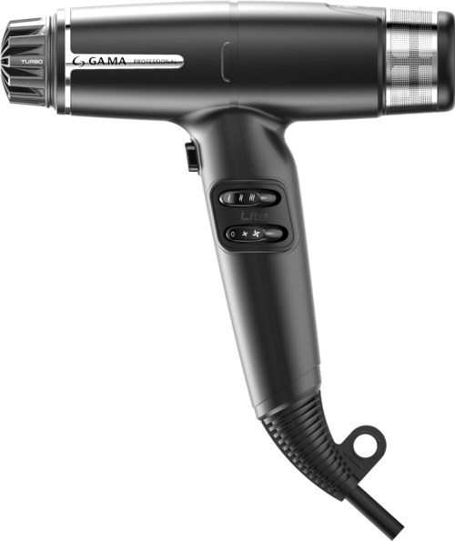 A black professional hair dryer with buttons on the handle and a cord at the bottom.