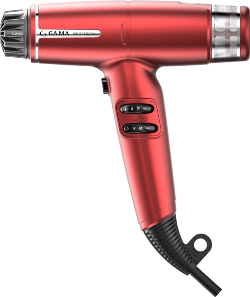 Red hair drying gun with buttons and a power cord.
