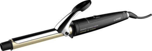 A curling iron with a black handle and a gold barrel, used for curling hair.