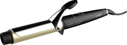 A curling iron with a black handle and gold clamp, used for styling hair. It has a power cord and a dial.