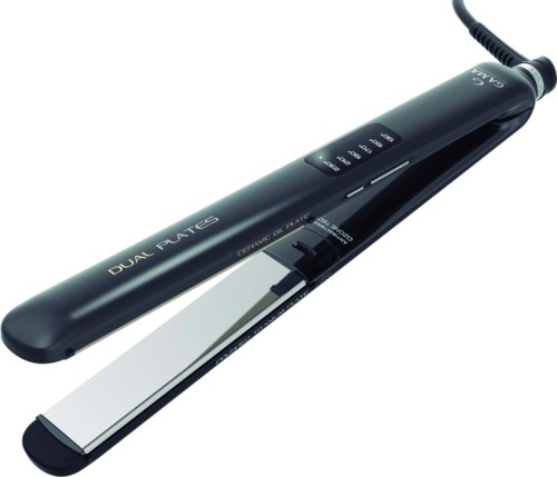 A black hair straightener with digital controls and dual plates, connected to a power cord.