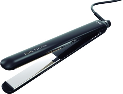 A black hair straightener with a power cord, labeled 'Dual Plates,' used for styling hair.