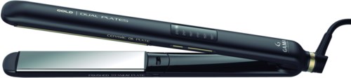 A black hair straightener with a digital display, buttons, and a cord for styling hair.