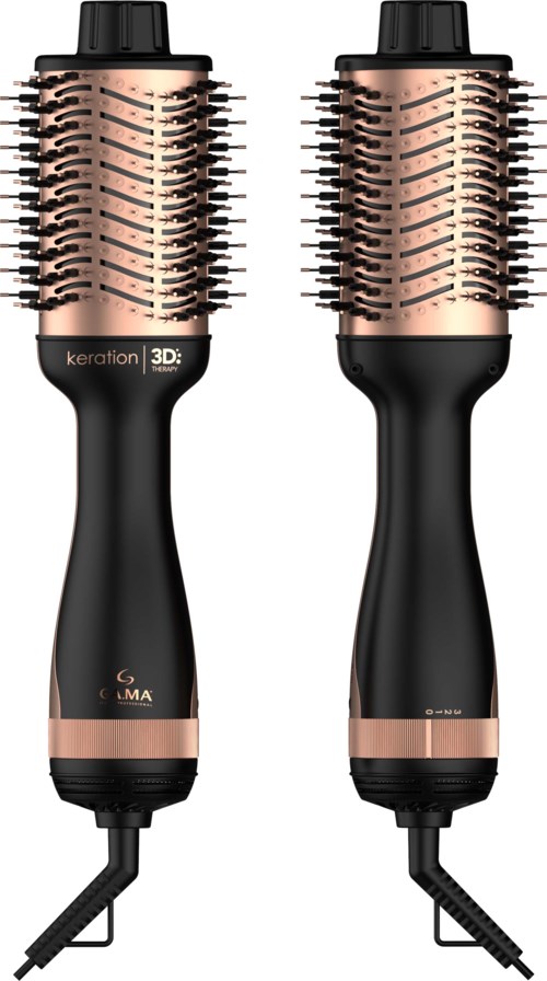 Two hairbrushes with black handles and rose gold round brush heads. They have a cord at the bottom.