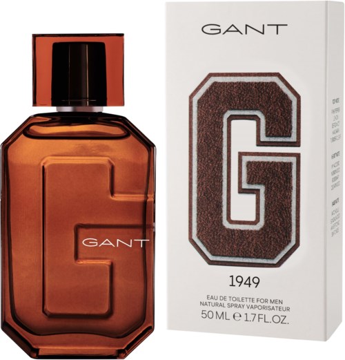 En GANT-parfymeflaske med en stor G-logo og en hvit eske som viser det samme G-logoet, med tekst om produktet.
