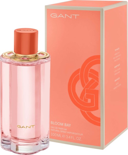 Pink perfume bottle and orange box with GANT logo and Bloom Bay label.