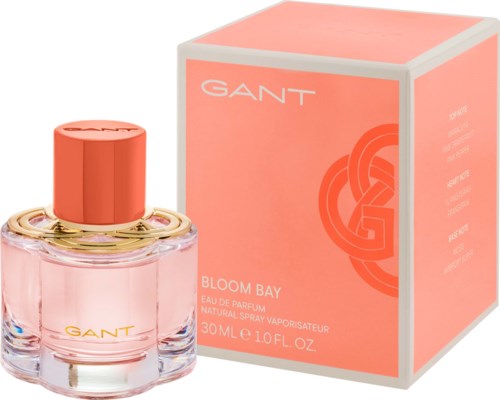 GANT Bloom Bay perfume bottle with a pink and orange box. The bottle is round with an orange cap.