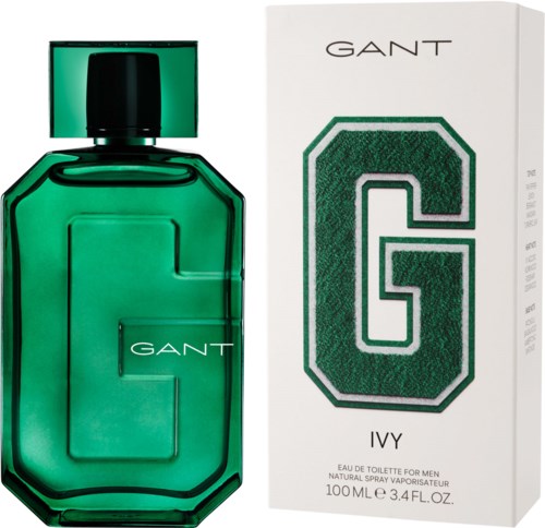A green perfume bottle and its white box with a large green G and the word GANT on it.
