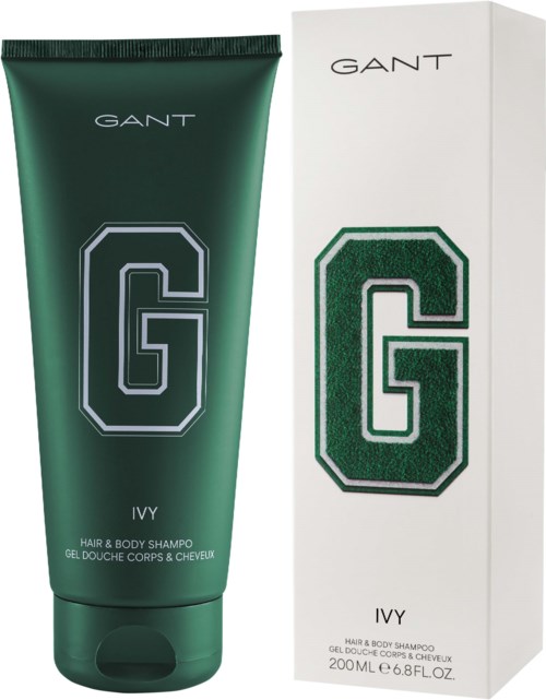A green tube of GANT Ivy hair and body shampoo next to its white box.