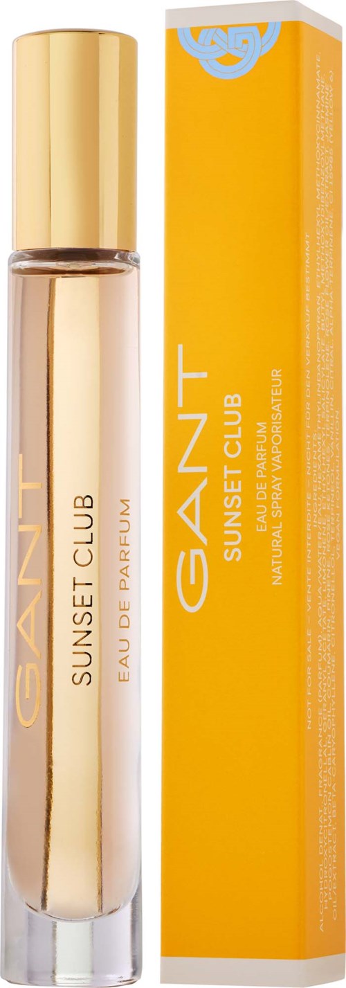 A perfume bottle labeled GANT Sunset Club with orange and gold colors, positioned next to a matching box.