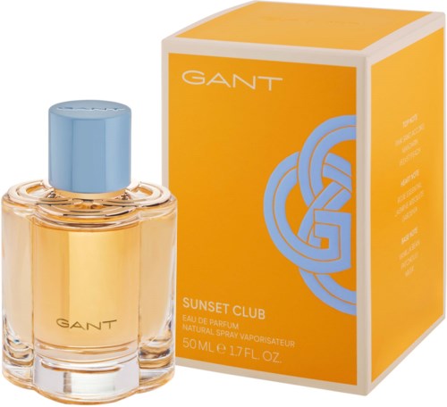 En parfymeflaske og eske merket GANT Sunset Club, gule og blå farger, elegant design, 50 ml størrelse.