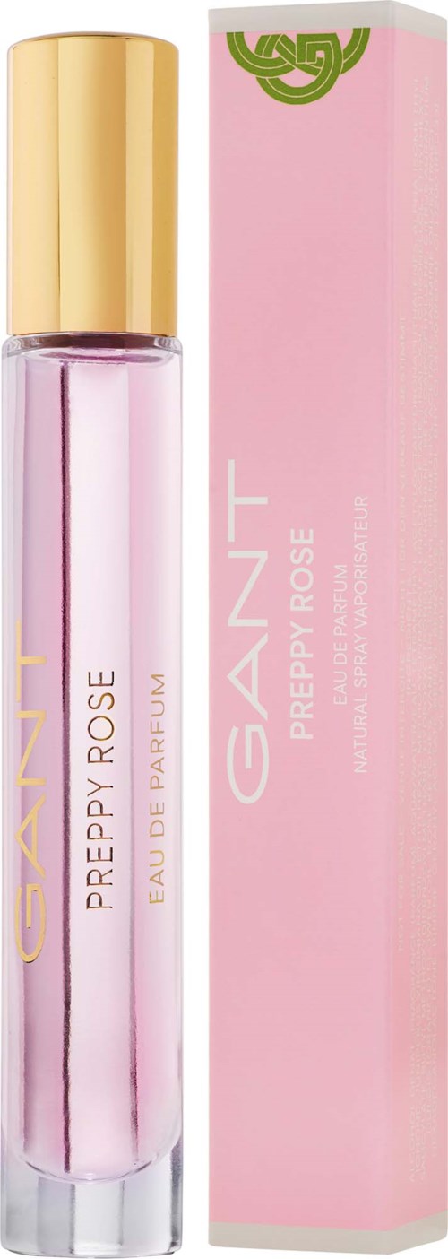 En parfymeflaske og rosa eske med gullhette, merket GANT PRETTY ROSE.