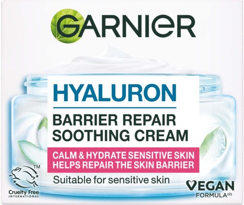 Garnier Hyaluron Barrier Repair Soothing Cream herkälleelle iholle, cruelty-free, vegaani, rauhoittaa ja kosteuttaa ihoa.