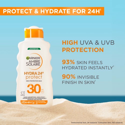 Sonnencremeflasche mit 'Garnier Ambre Solaire Hydra 24h Protect' Marke, bietet hohen UVA- und UVB-Schutz mit SPF 30.