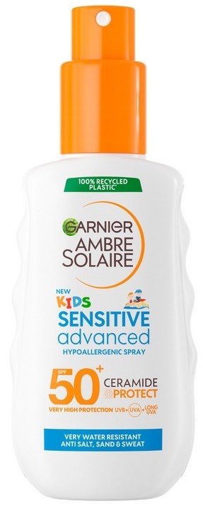A sunscreen spray bottle for kids, with SPF 50, protecting skin from UV rays. It is water-resistant and hypoallergenic.