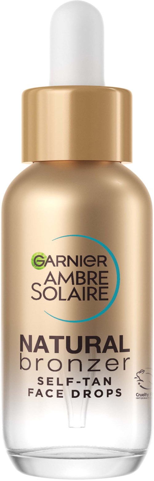 Goldene Tropfflasche mit weißer Spitze, gekennzeichnet als Garnier Ambre Solaire Natural Bronzer Gesichtstropfen.