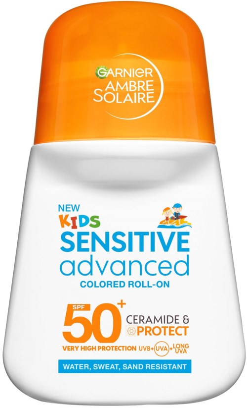 Valkoinen rullapullo, jossa oranssi kansi, lapsille, herkkä iho, SPF 50+, vesitiivis ja hiekkaa kestävää.