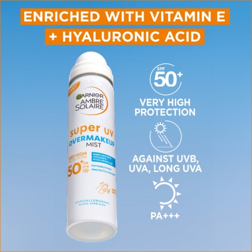 Aurinkosuihke, jossa on vitamina E ja hyaluronihappo, suojakerroin 50+, erittäin korkea suoja UVA/UVB ja PA+++.