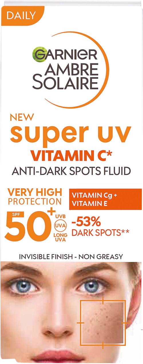 Aurinkosuojaa tummiin kohtiin, SPF 50, sisältää vitamiinit C, E, Cg ja F, näkymätön ja ei-rasvoittava.