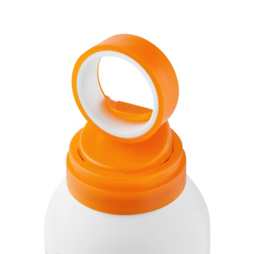 A white bottle with an orange cap, which is open and tilted forward.
