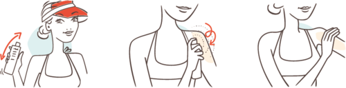 A woman in three steps: putting on a visor, cooling her neck, and stretching her arm.
