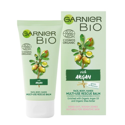 En grön och vit tub och box för Garnier Bio ekologisk räddningssalva med argan. Används för ansikte, kropp och händer.