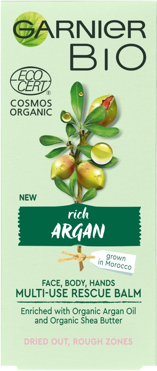 En Garnier Bio-produkt med arganolja för ansikte, kropp och händer, med fokus på ekologiska ingredienser och marockanskt odlad argan.