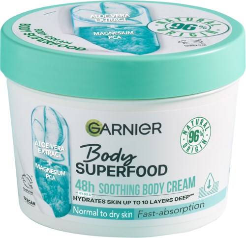 Garnier Body Superfood soothing cream with aloe vera, magnesium, for normal to dry skin, fast absorption, hydrating up to 10 layers.