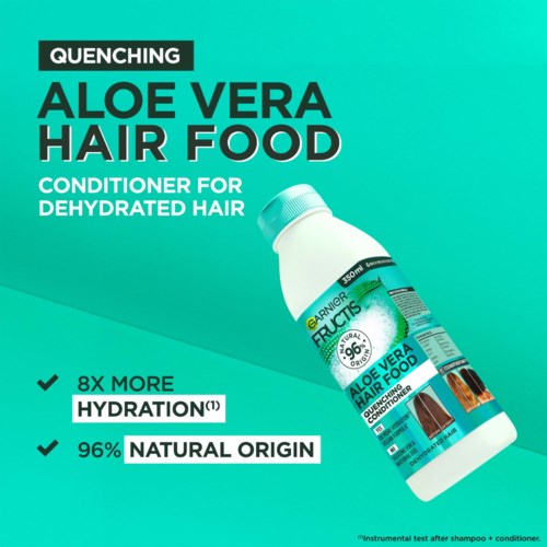 Hintergrund in Türkis mit einer weißen Flasche Aloe Vera Haarpflege, fetter Text mit Vorteilen und zwei Häkchen.