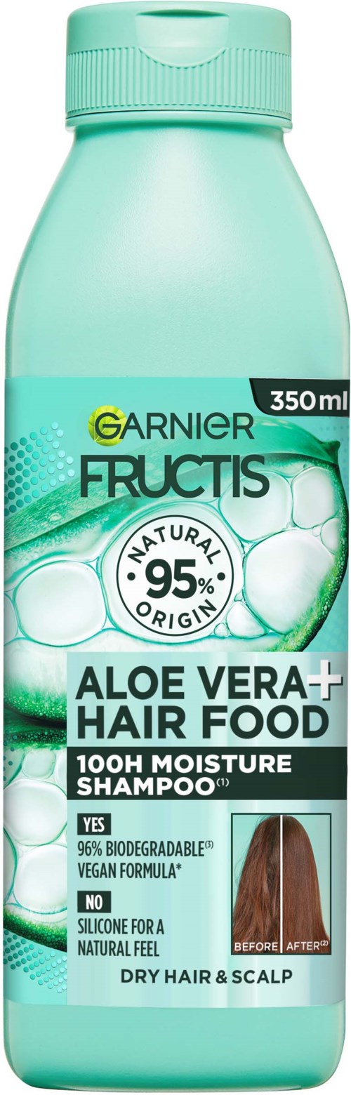 En ljusgrön schampoflaska med etikett som visar aloe vera och hårvård. Texten säger att den är för torrt hår och hårbotten.