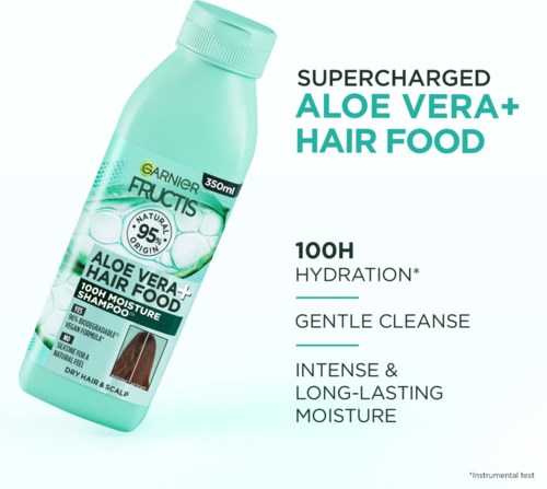 Etikett för aloe vera hårvårds schampo med fördelar som nämns, inklusive återfuktning, mild rengöring och långvarigt fukt.