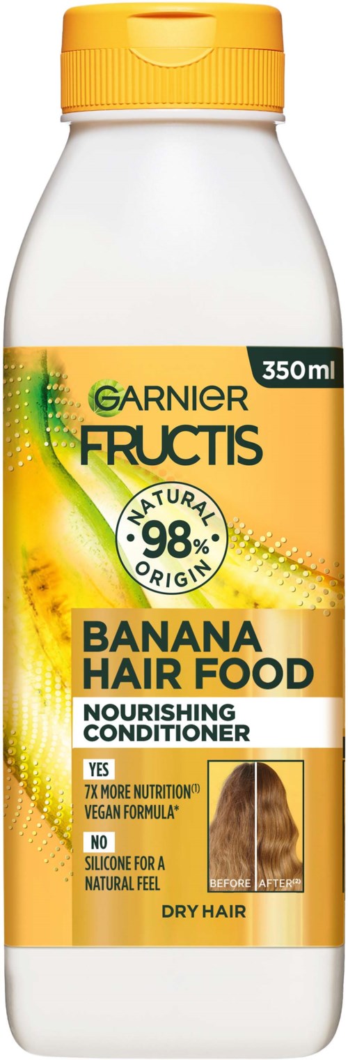 En 350 ml flaske av Garnier Fructis Banana Hair Food balsam for tørt hår, med gul og grønn etikett og lokk.