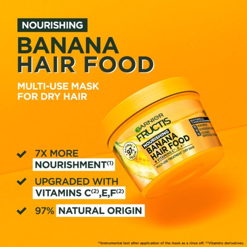 Ein leuchtend orangener Behälter mit Bananen-Haarmaske, Produktdetails und Vorteilen.