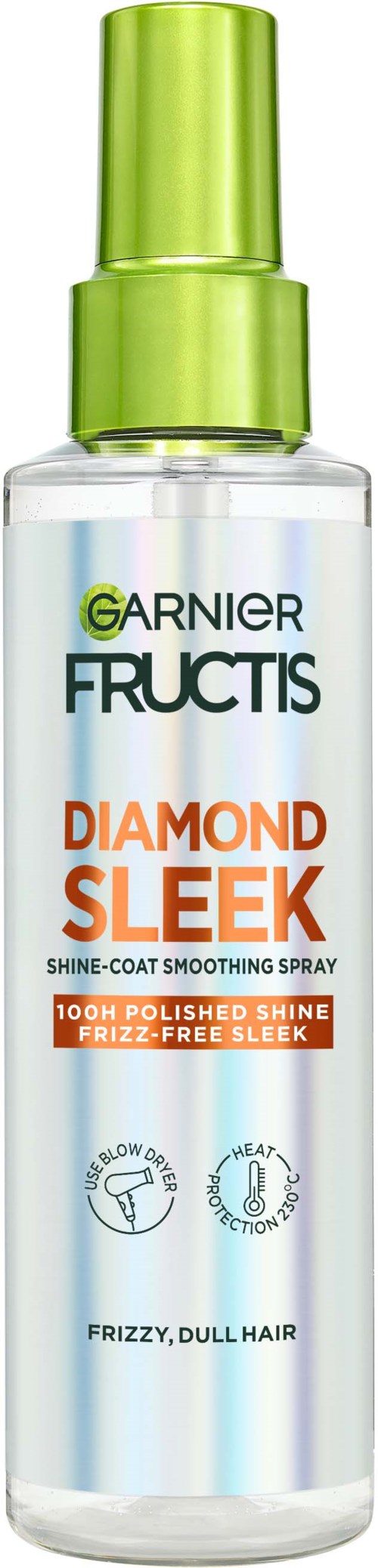 En sprayflaske med grøn top, klar krop og etikette for Garnier Fructis Diamond Sleek hårspray.