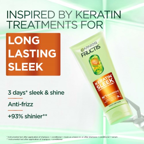 En schampoflaska som reklamerar keratinbehandlingar för långt, blankt och glatt hår med anti-frizz-nytta i grönt och orange design.