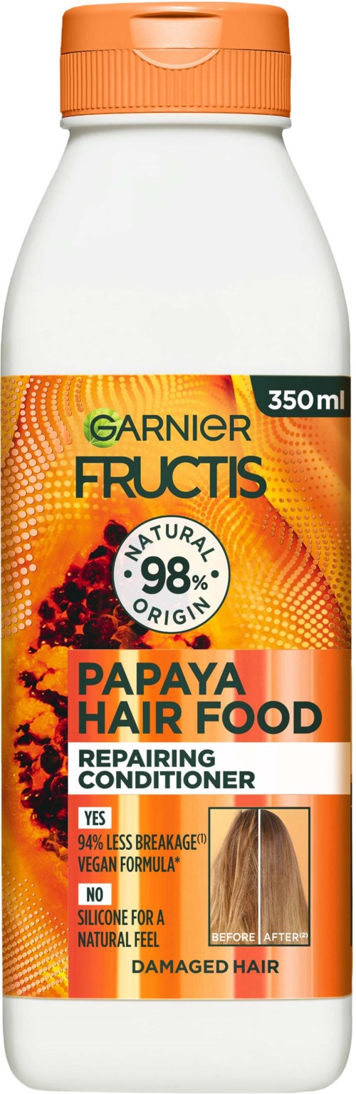 Garnier Fructis Papaya Hair Food reparierende Spülung für beschädigtes Haar, 350 ml Flasche, natürliche Inhaltsstoffe, vegan, ohne Silikon.