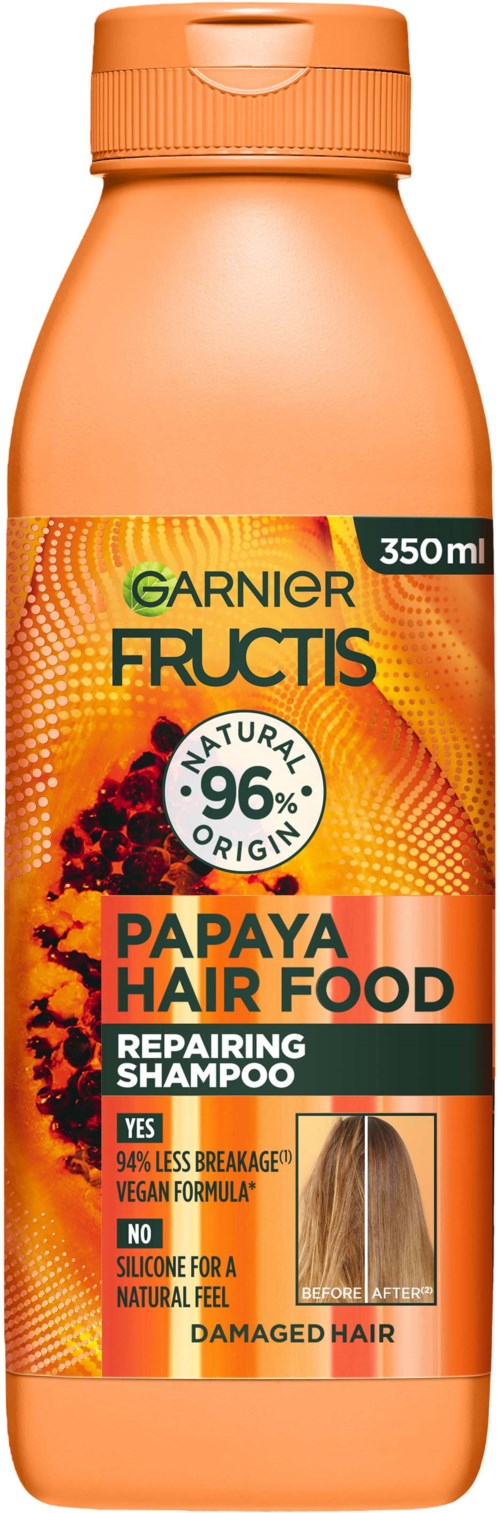 Garnier Fructis Papaya Hair Food Repairing Schampo i en orange 350ml-flaska med etikettinformation.