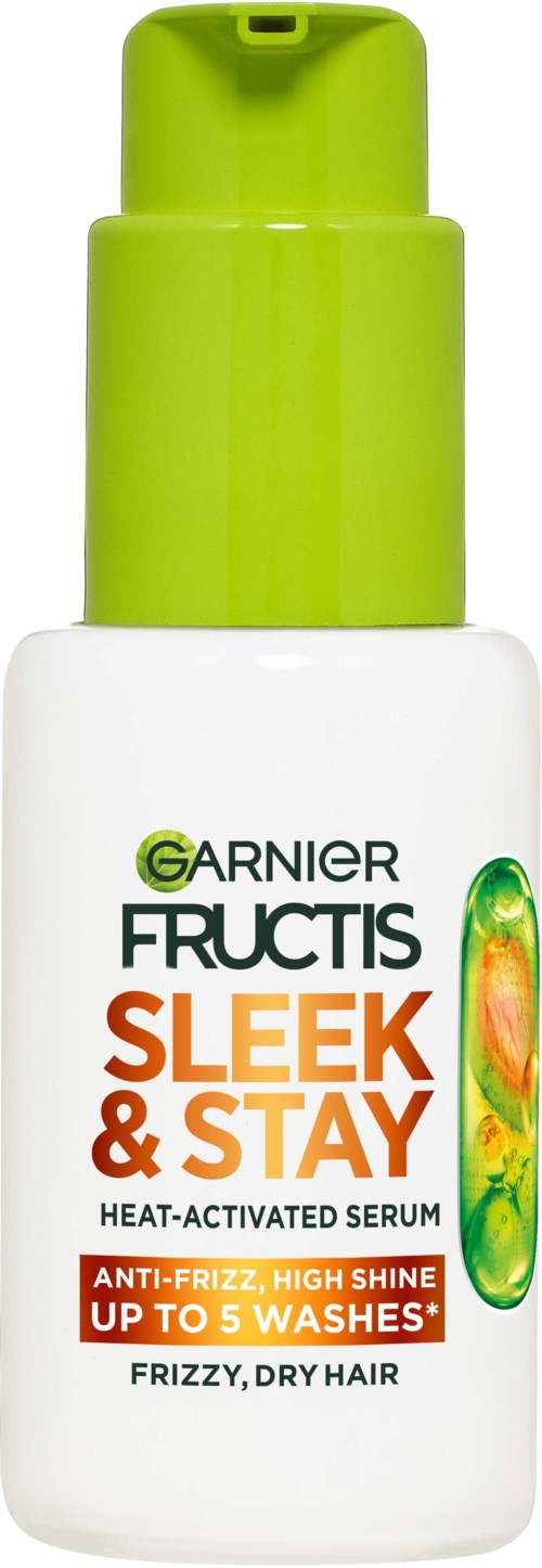 A white bottle with a green cap, labeled Garnier Fructis Sleek & Stay serum for frizzy, dry hair.