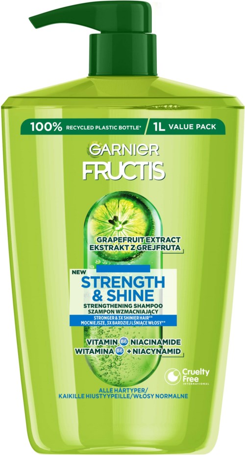 Garnier Fructis sjampo flaske med grønn emballasje, etikett viser grapefrukt ekstrakt, styrke og glans fordeler, resirkulerbar flaske.