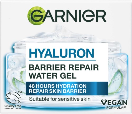 Garnier Hyaluron Wasser-Gel zur Hautreparatur, 48 Stunden Hydratation, geeignet für empfindliche Haut, cruelty-free, vegan.