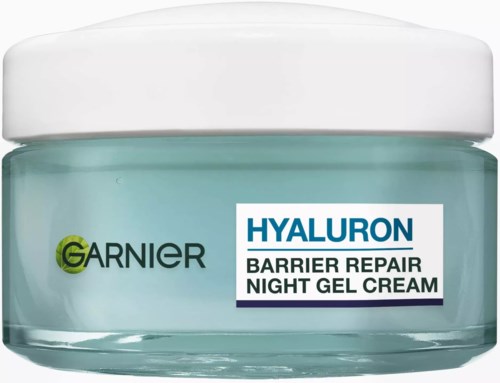 Ein kleiner Behälter mit Garnier Hyaluron Barrier Repair Night Gel Cream, weißer Deckel und blaules Etikett.