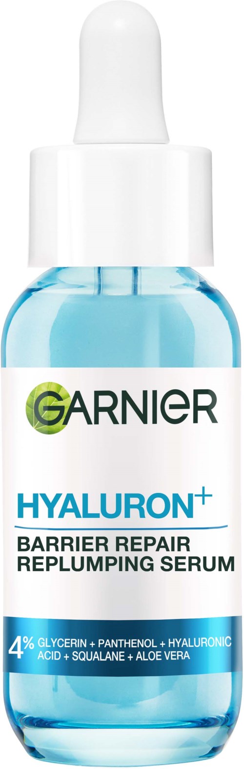 Garnier Hyaluron+ seerumi ihon korjaamiseen sinisessa pullossa tiputuslaitteella.