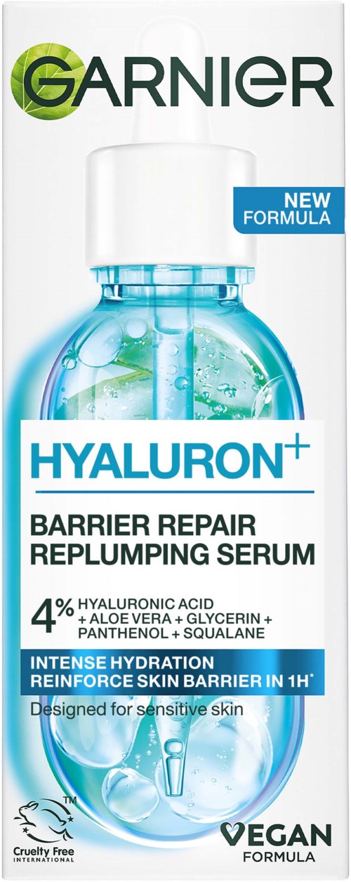 Garnier Hyaluron+ seerumipullo, sinisessä nesteessä, korostaa ihon suojan korjausta, kosteutusta ja vegaanista koostumusta herkälle iholle.